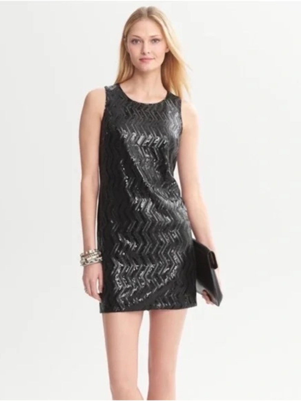 BANANA REPUBLIC Chevron Sequin Cocktail Sheath Black Dress Sleeveless Holiday M